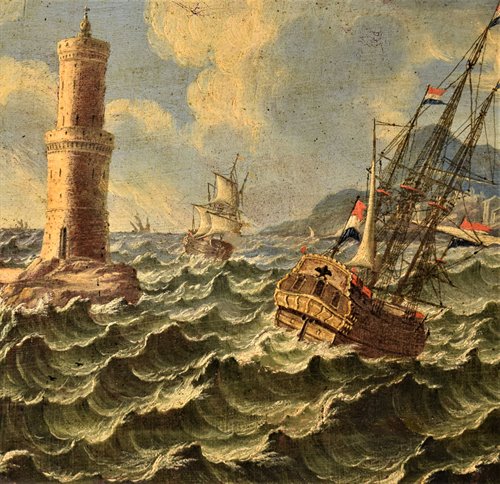 Marine in tempesta con galeoni sulle coste